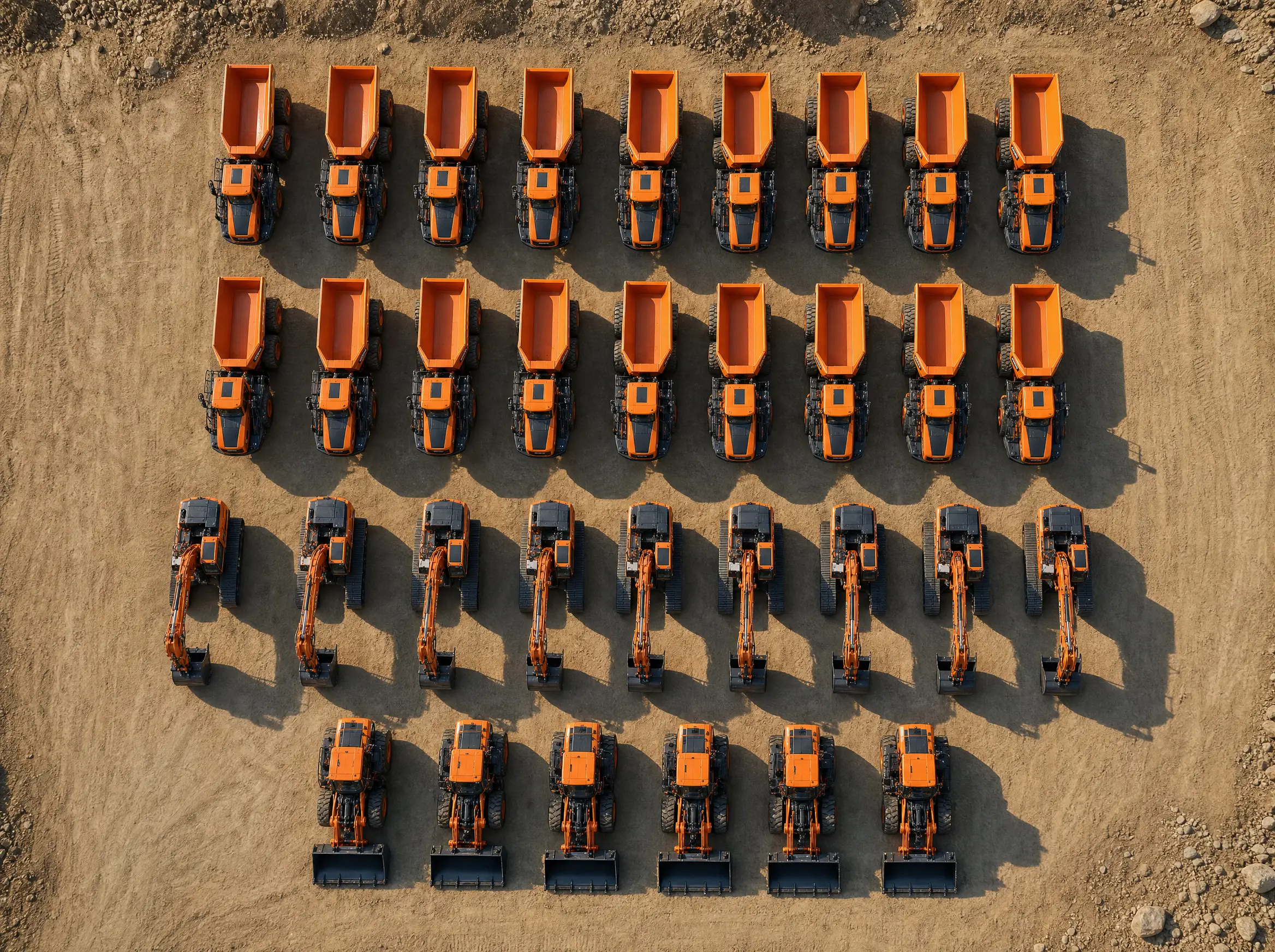 Top-down aerial of the DEVELON fleet parked in organised rows on a laydown pad