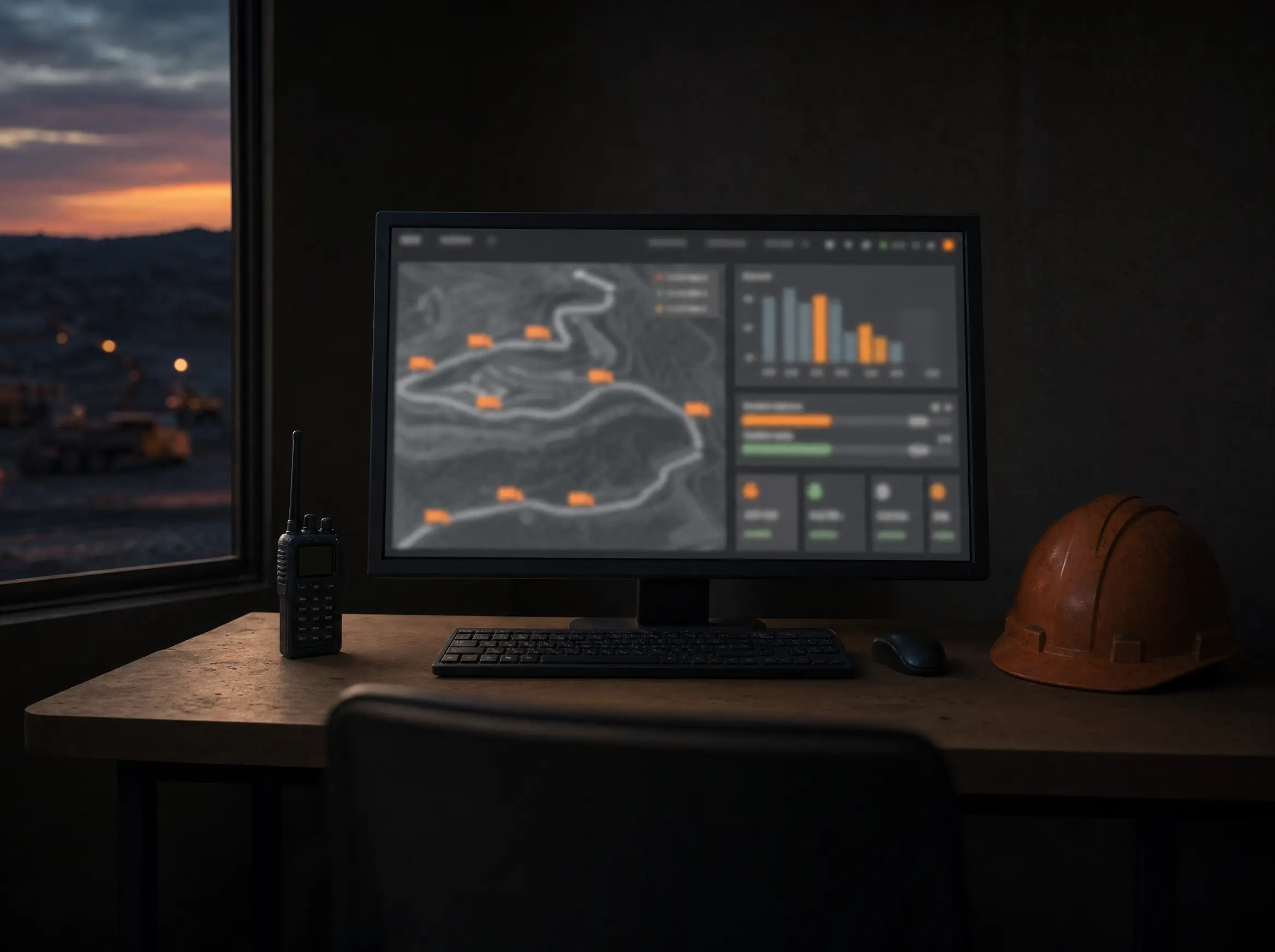A fleet-dispatch screen showing machine positions on haul routes and cycle-time charts, a two-way radio and hard hat alongside