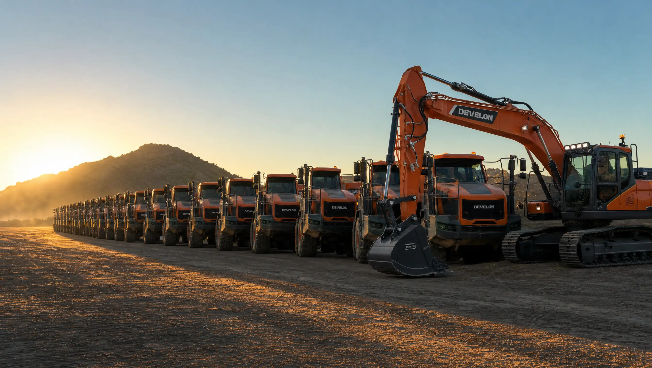 A long line of DEVELON dump trucks and excavators parked nose-to-tail at dawn