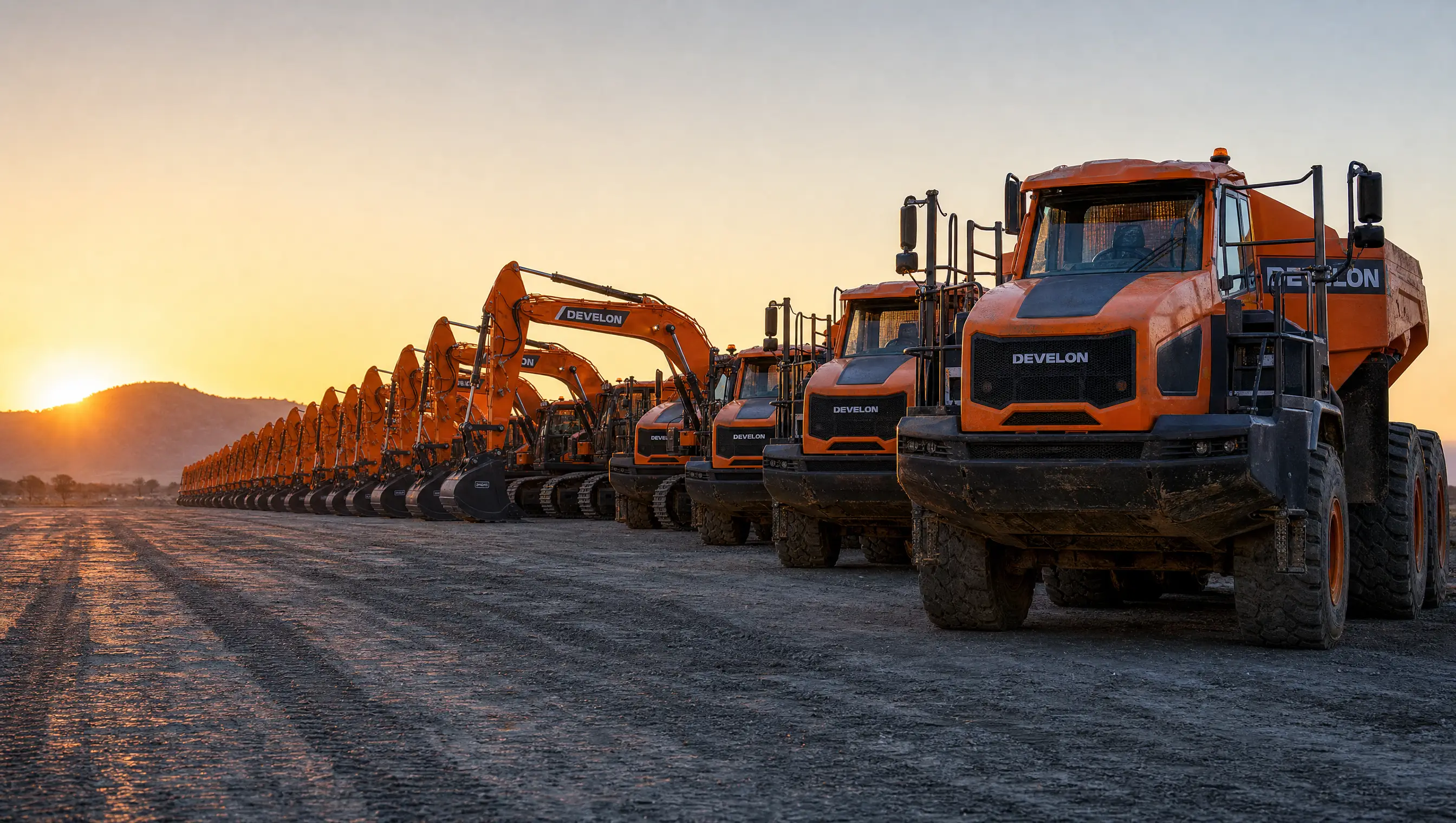 A long line of DEVELON dump trucks and excavators parked nose-to-tail at dawn, receding to a distant koppie