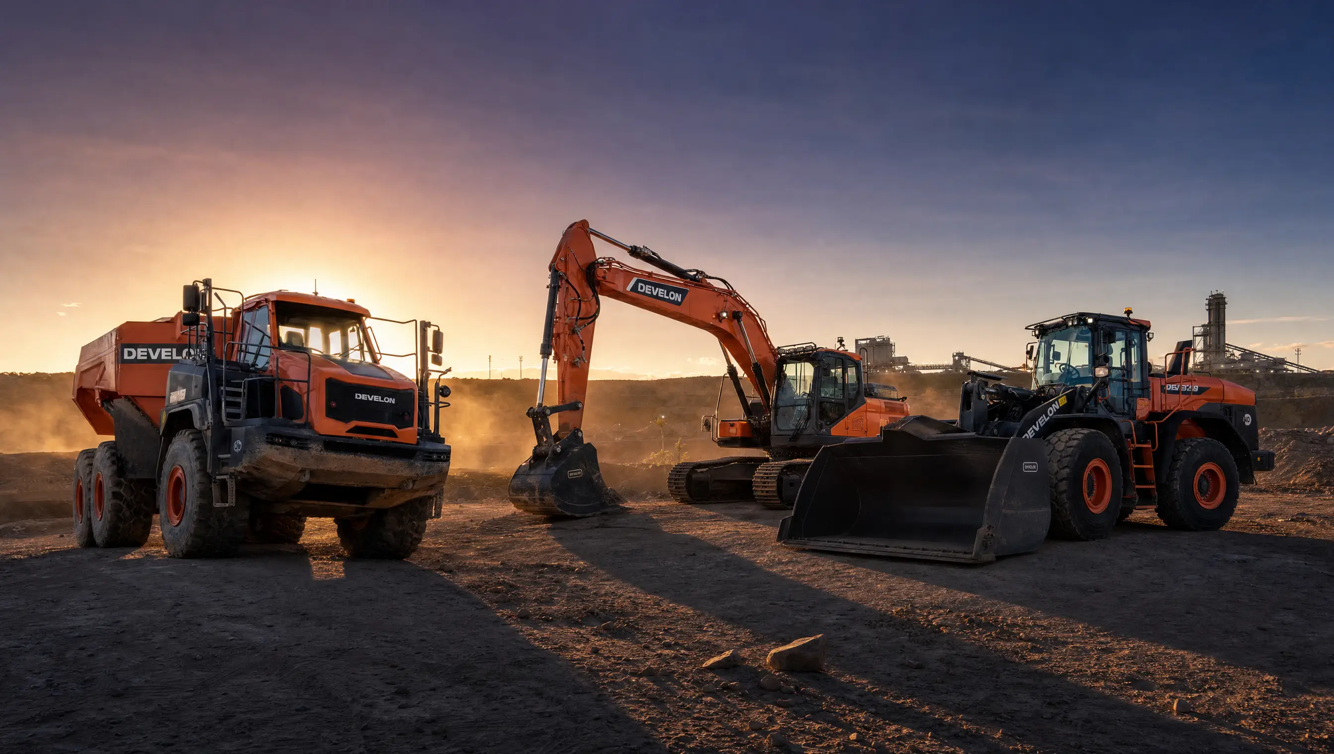 The BLG Machinery DEVELON fleet: dump truck, excavator and wheel loader, staged on site at golden hour