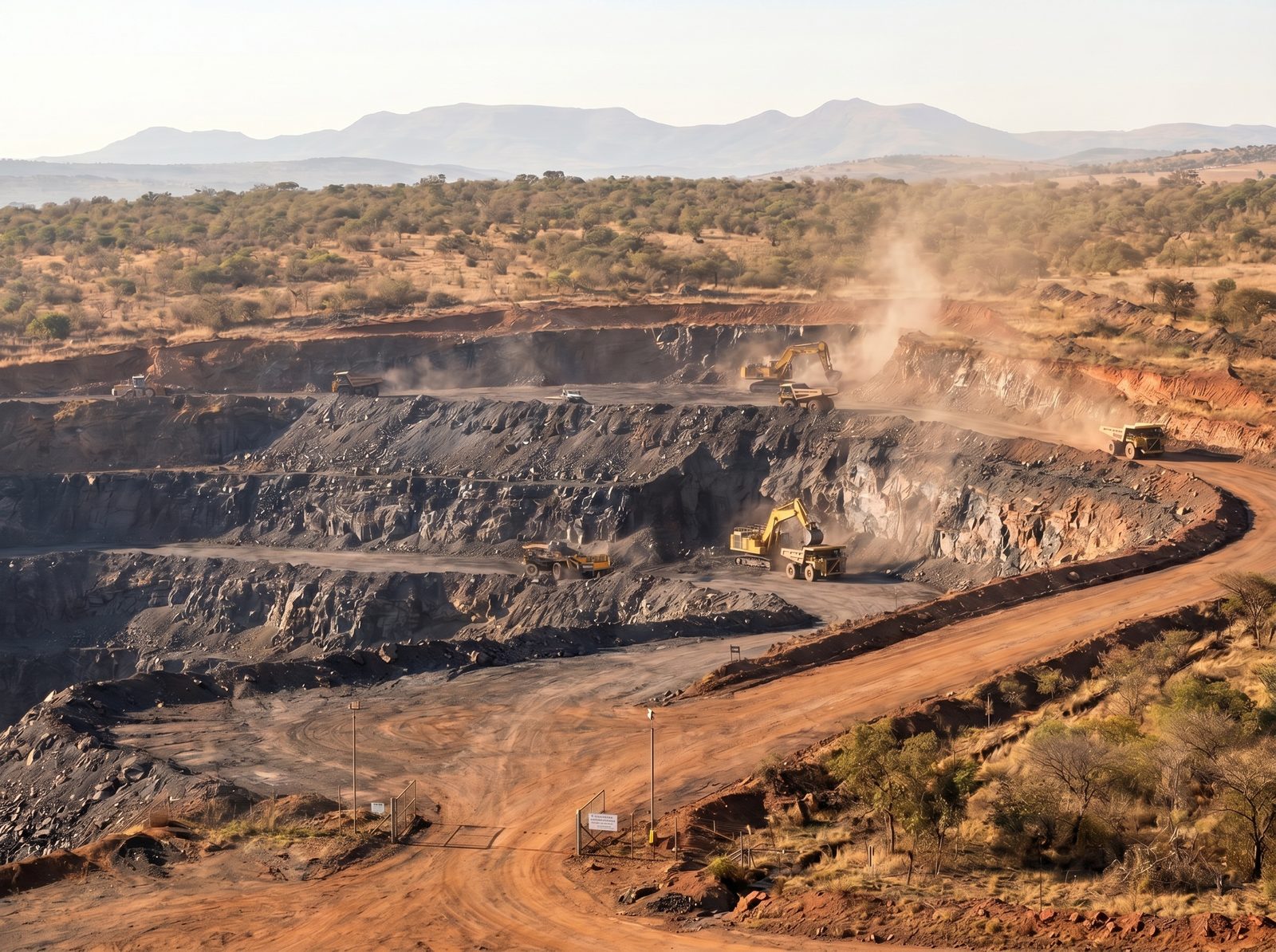 The Natal Anthracite Mine at Vryheid: an opencast pit with exposed coal seams, excavators and dump trucks working the benches