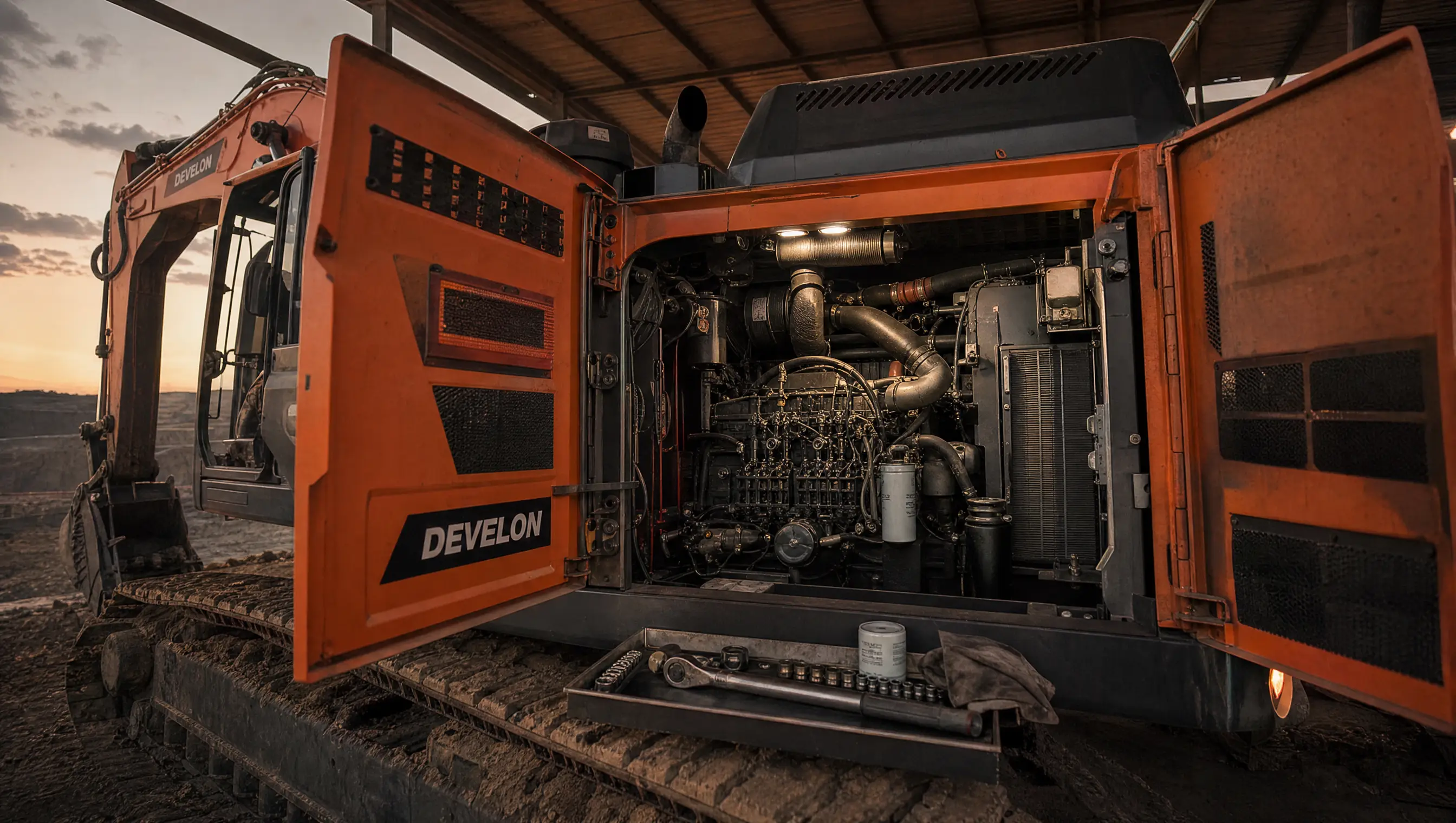 The open engine bay of a DEVELON excavator at last light, side doors swung wide, a torque wrench, sockets and a new oil filter laid out on a tray across the tracks