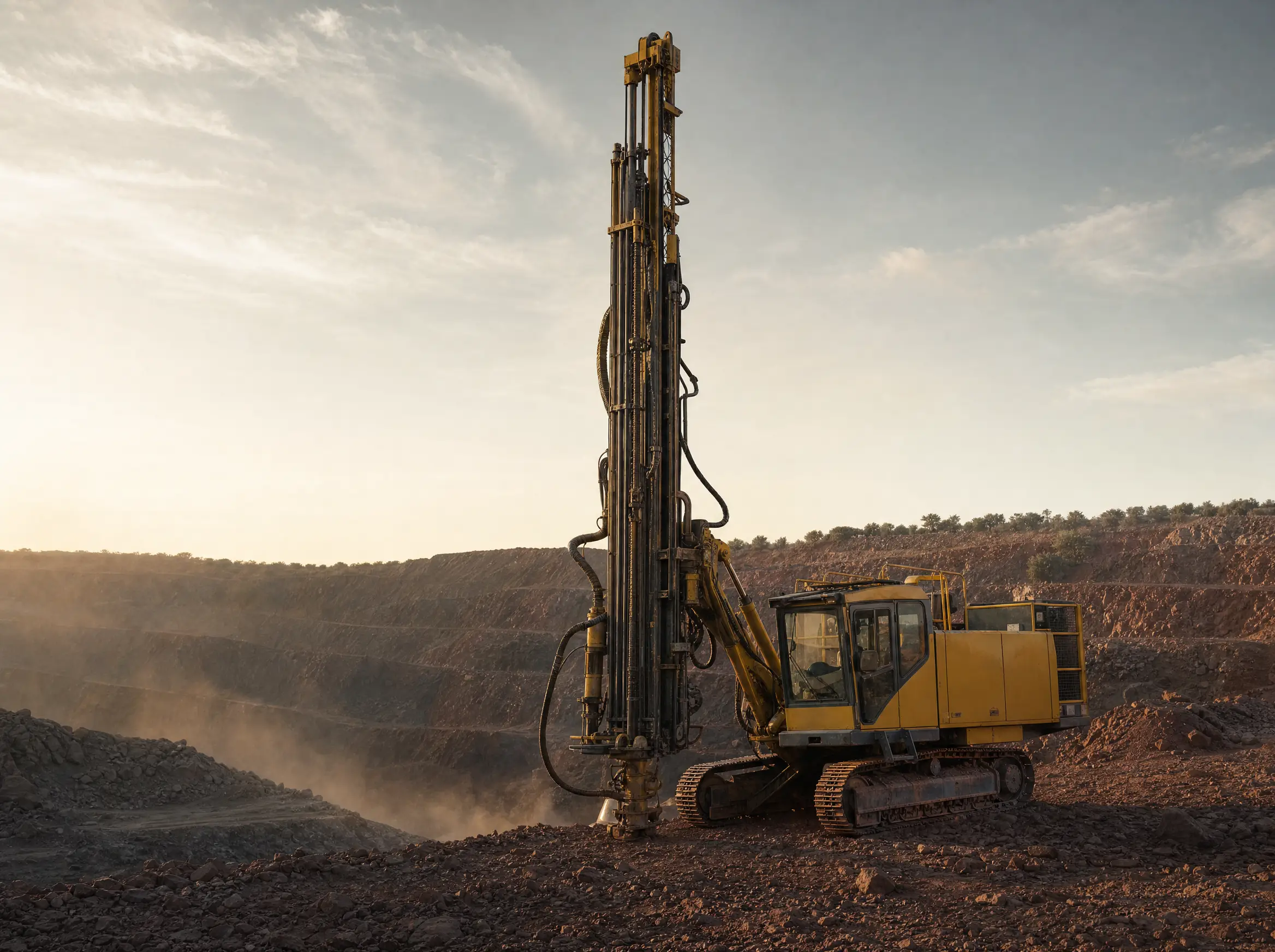 A tracked surface drill rig with its mast raised, standing on a prepared bench above an opencast pit at last light